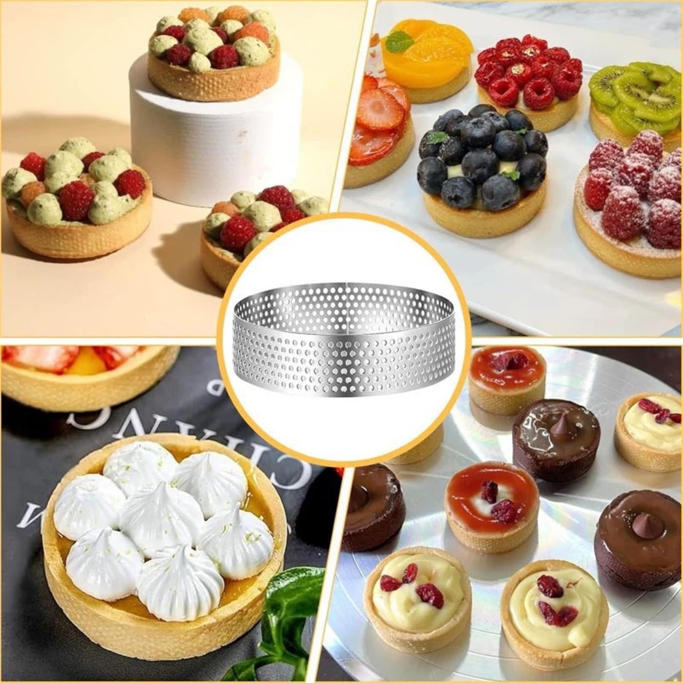 Lot de 12 moules à tarte perforés en acier inoxydable anti-adhésif pour tartes, mousses, quiches et desserts – Idéal pour la pâtisserie maison