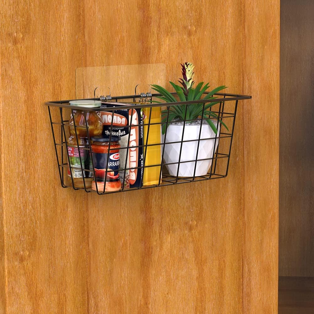 Adhesive Basket Wall Wire Basket Over the Cabinet Door Organizer No Drilling Mounted 4 Pack, Black