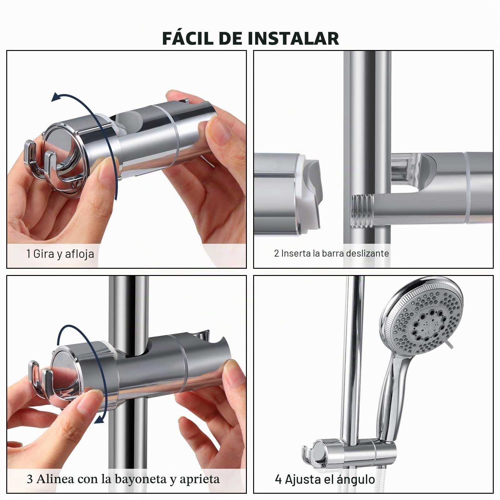 Vinabo Universal Soporte Ducha con 2 Ganchos, Soporte de Ducha, sin perforación, 18-25 mm, diámetro Ajustable, Espaciador Integrado para Proteger la Barra de Ducha