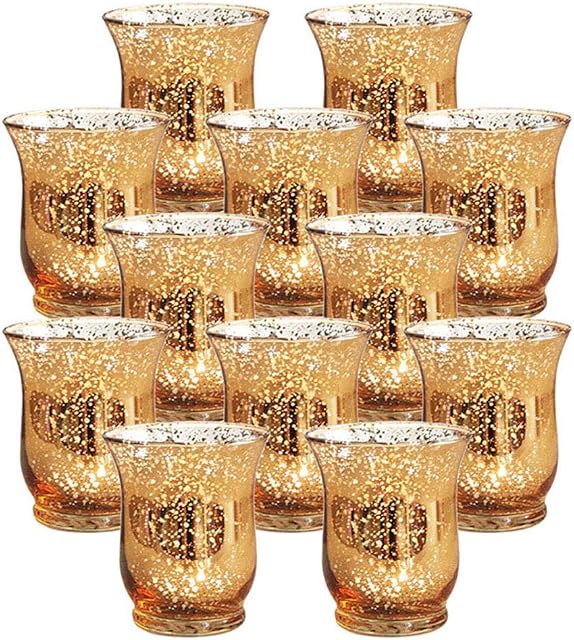 Nuptio Tea Light Candle Holders Set of 12 Mercury Glass Hurricane Votive Tealight Holder Bulk, Speckled Gold Finish Candleholders for Wedding Table Party Christmas Dinner Centrepiece Decorations