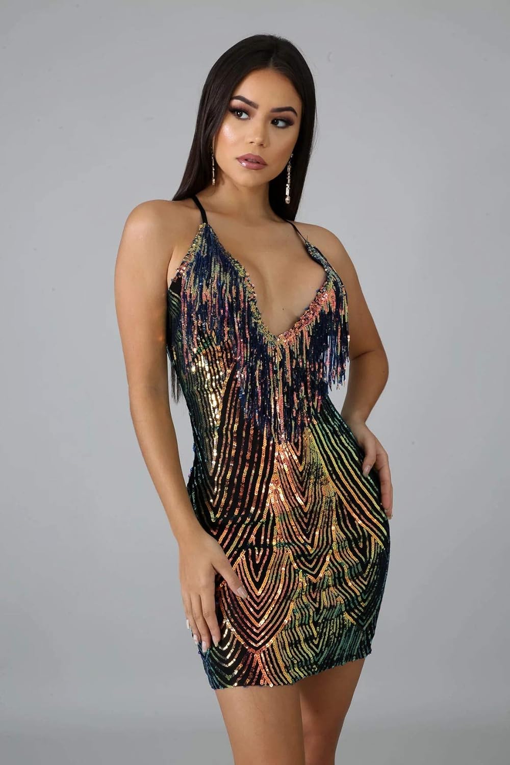 Women's Sexy Bodycon Party Mini Dress Deep V Neck Sequin Backless Spaghetti Straps Clubwear - Image 5