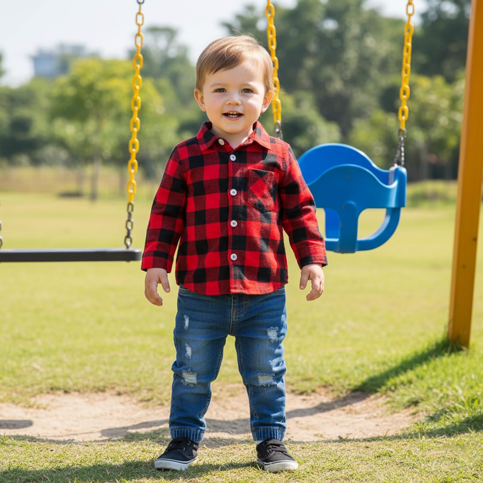 Conjunto de ropa de bebé para niños pequeños, camisa a cuadros rojos, con agujeros rasgados, jeans para otoño e invierno, 1-5T