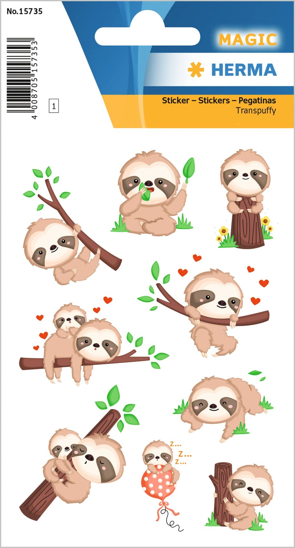 HERMA 15735 Sloth Stickers, Small, Large, 9 Pieces, Animal Stickers with Funny Sloth Motif, Children's Labels for Photo Album, Diary, Poetry Album, Scrapbooking, Birthday Decoration, Letters, DIY
