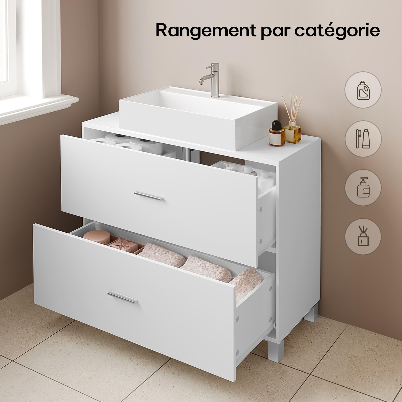 eSituro Waschbeckenunterschrank, Badezimmerschrank mit 2 Schubladen, Badezimmer Unterschrank Waschbecken, Waschtischunterschrank freistehend, Badunterschrank, 30 x 80 x 60 cm, Weiß
