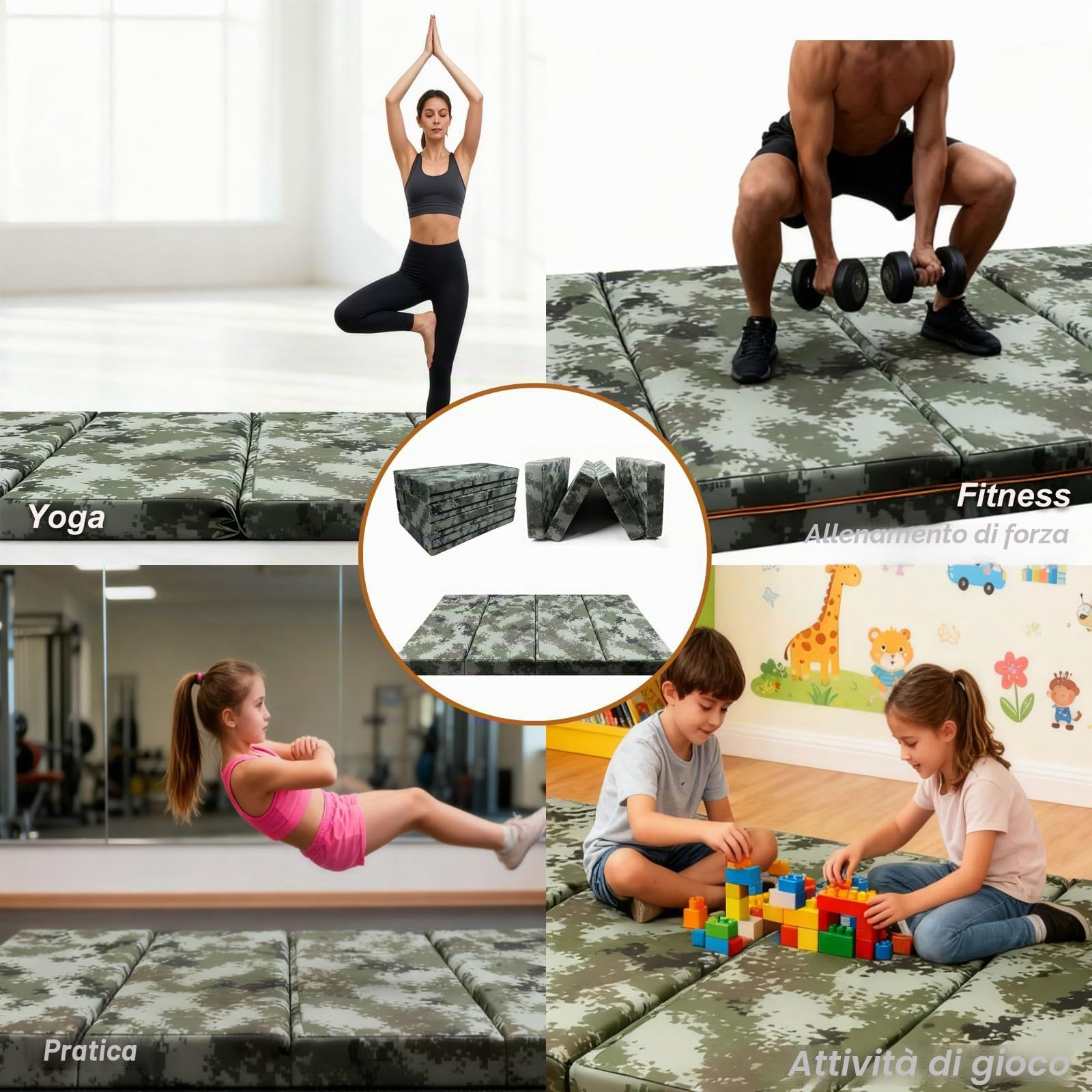 Tappetino da Sport 4-Fold 200x100x10cm, Tappetino Ginnastica Fitness Pieghevole, Antiscivolo Resistente, Schiuma Épaisse per Protezione Articolare, Casa e(Size:200*100*10cm/78*39*10in,Color:camuflage)