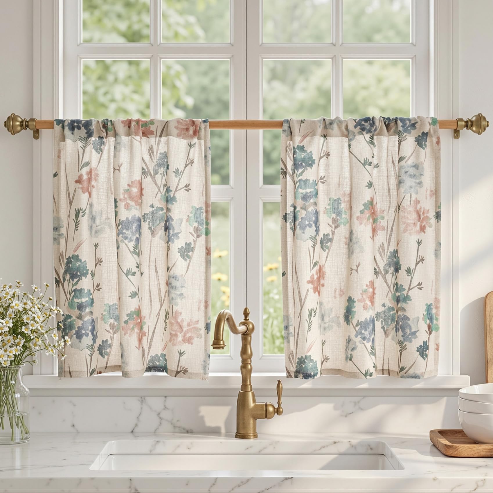 MYSKY HOME Floral Linen Kitchen Tier Cafe Curtains 24 Inch Length 2 Panels Farmhouse Semi Sheer Privacy Small Window Treatments Rod Pocket for Bathroom Basement, Brown, 30 inch Wide