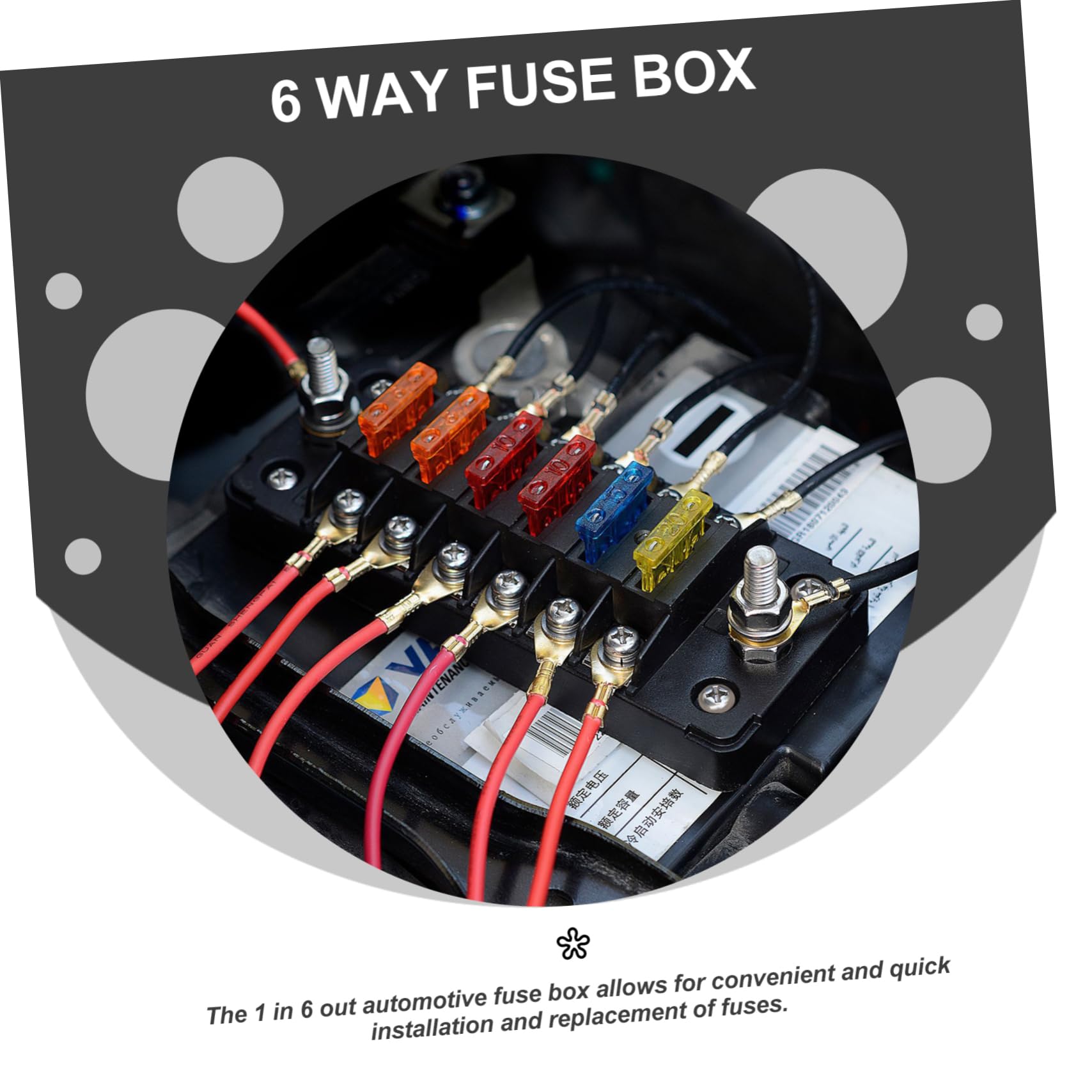 Boîte à Fusibles à 6 Voies 1 Set, Pa66 et Pc, Noir | 12-32 V, 75 A Entrée et 20 A par Circuit, Plaques Autocollantes Incluses