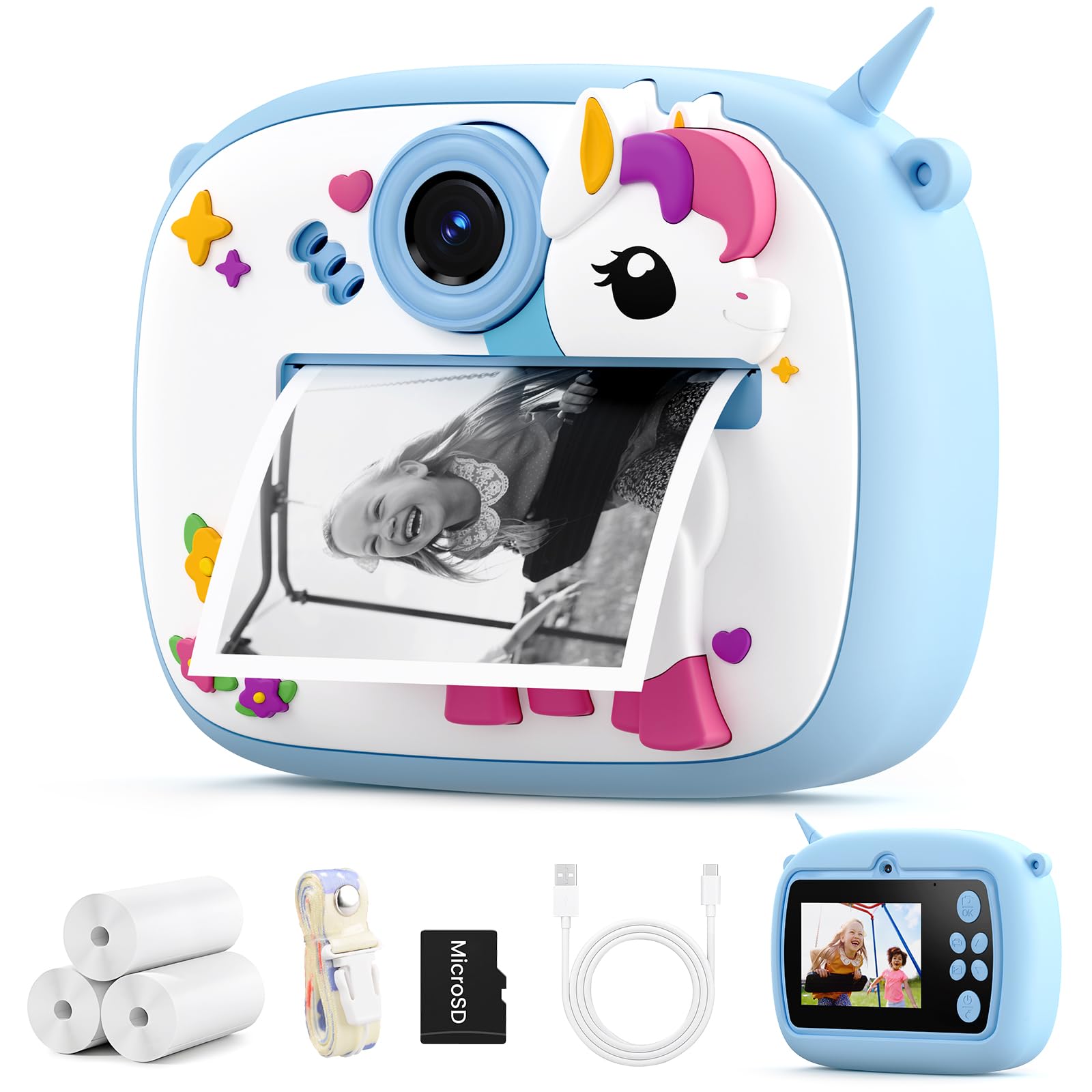 YOZISS Macchina Fotografica Bambini Istantanea, 1080P macchina fotografica istantanea bambini con 3 Rotoli di Carta da Stampa, Regalo per Bambini dai 3 a 14(Pony Blu)