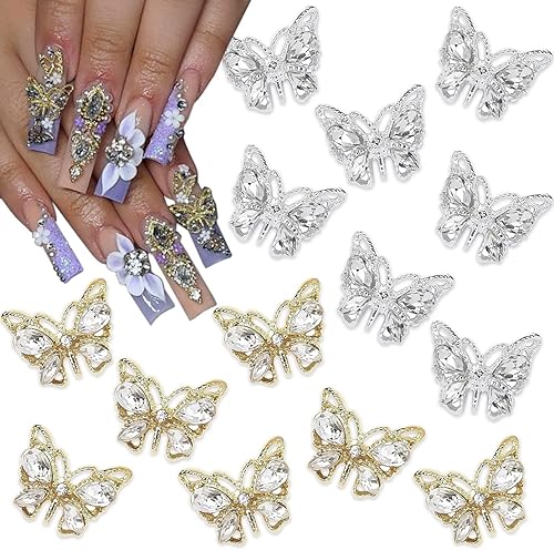 14 dijes de aleación brillante de mariposa para uñas, diamantes de imitación para uñas, oro y plata 3D, dijes de mariposa para arte de uñas, dijes
