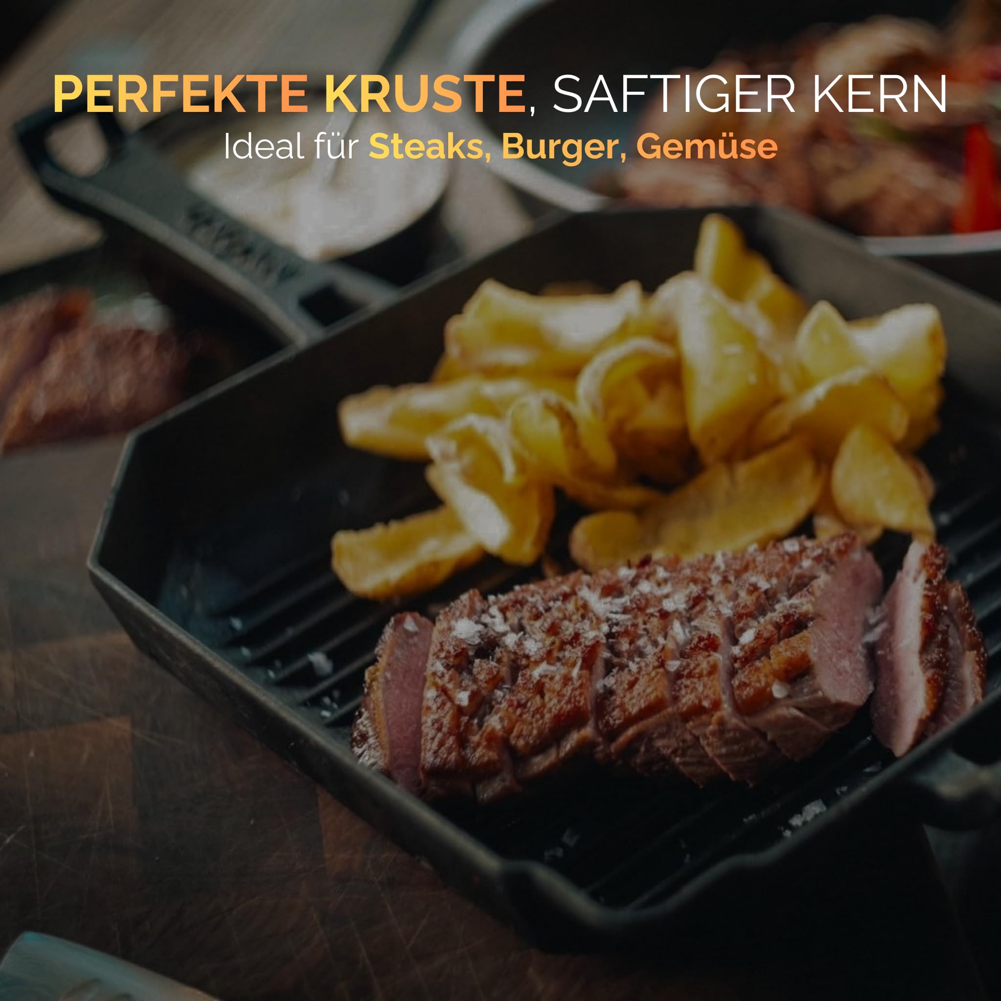 NYORD Gusseisenpfanne mit Grillrillen [TESTSIEGER] | Cast Iron BBQ Grillpfanne | Steakpfanne aus Gusseisen mit Ausgießer | Für Induktion, Ceran, Gas & Outdoor Grill | Ofenfest