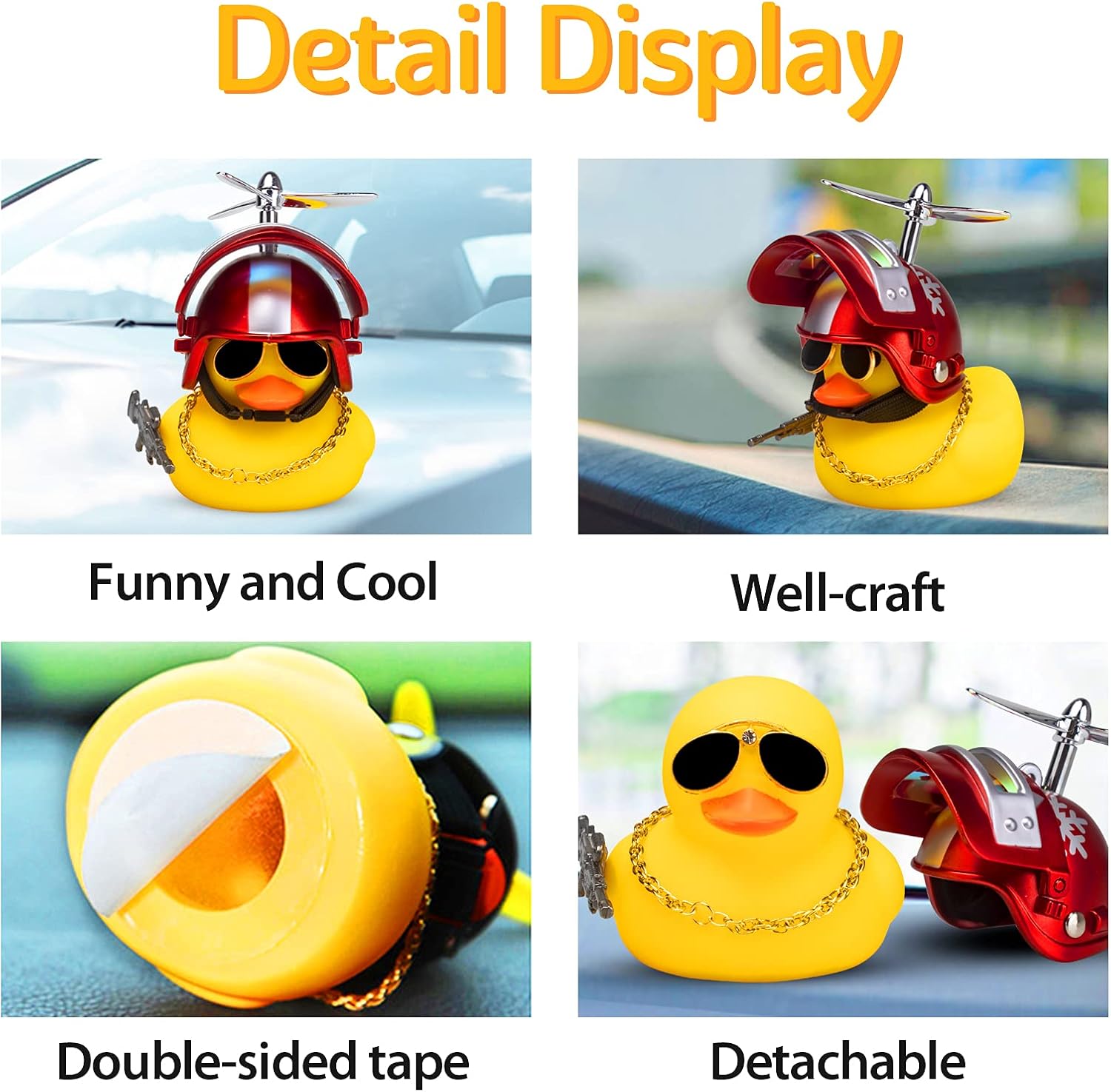 wonuu Rubber Yellow Duck Car Ornaments Cool Duck Car Dashboard Decorations with Propeller Helmet Sunglasses (Snowflake-Yellow G)
