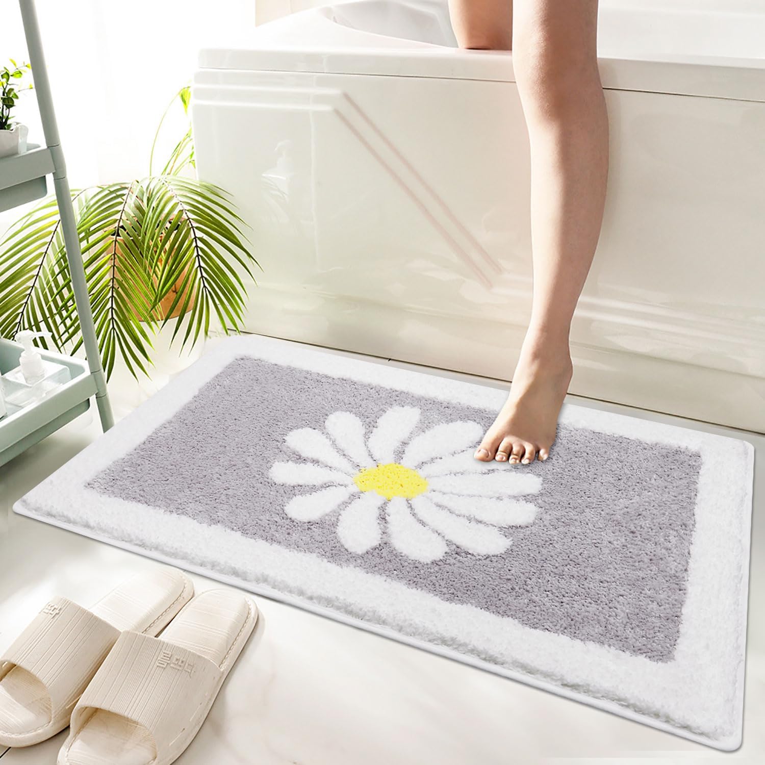 Hi Space Bathroom Rugs 31.5x19.7IN Grey Bath Mat for Bathroom Non Slip Machine Washable Soft Microfiber Absorbent Cute Daisy Floral Bath Rug Plush for Tub Shower Sink Fluffy Home Decor Accessories