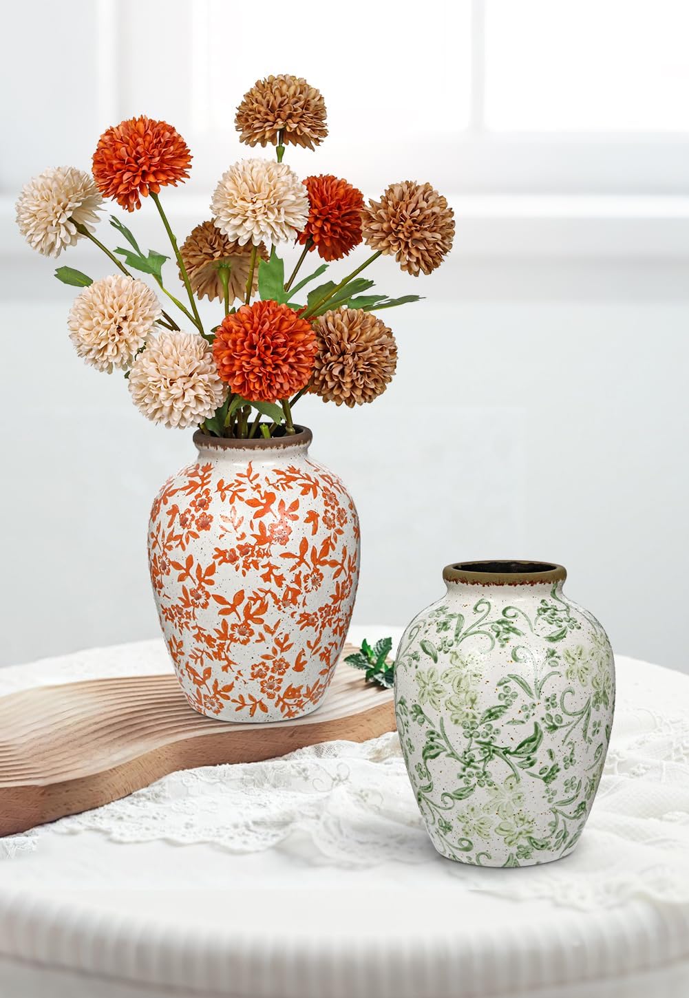 8.2 inch Green and Beige Vintage Ceramic Vase, Chinoiserie Floral Vase, Farmhouse Rustic Ceramic Retro Large Vases for Home Table Bookshelf Kitchen Living Room Office Balcony Christmas