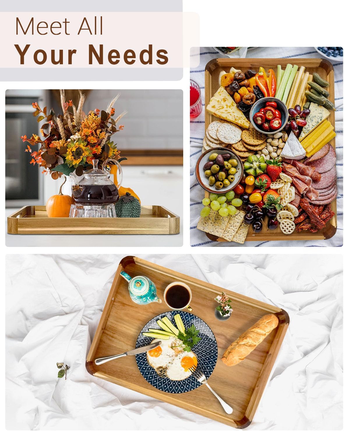 22 Inches Acacia Wood Serving Tray with Handles, Large Wooden Rectangle Ottoman Tray, Nice Home Decor for Living Room Coffee Table Couch, Ideal Size for Serving Food Breakfast BBQ Party - Image 6