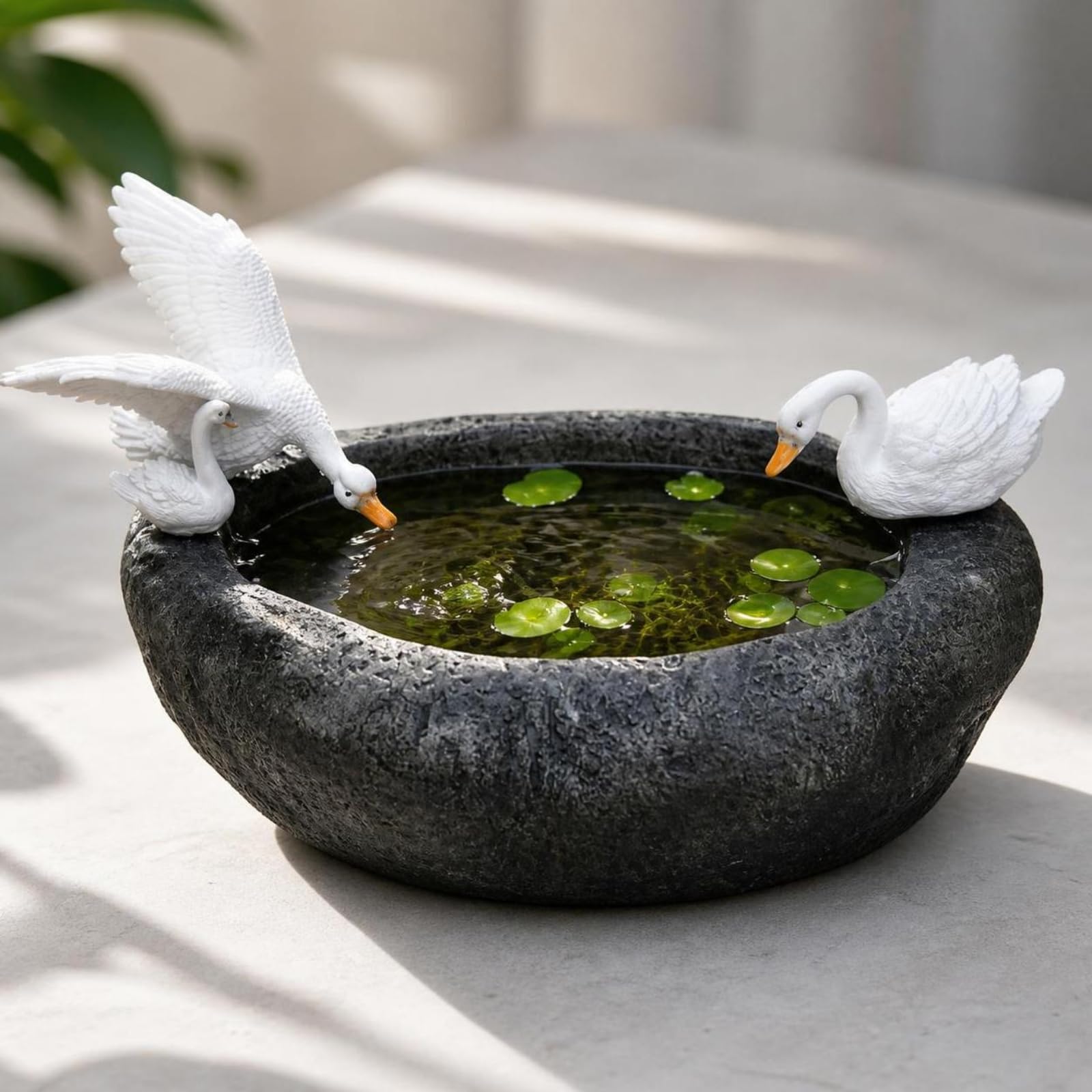 Maceta para Plantas Acuáticas Efecto Piedra, Jardinera con Cisnes, Elegan, para Patio