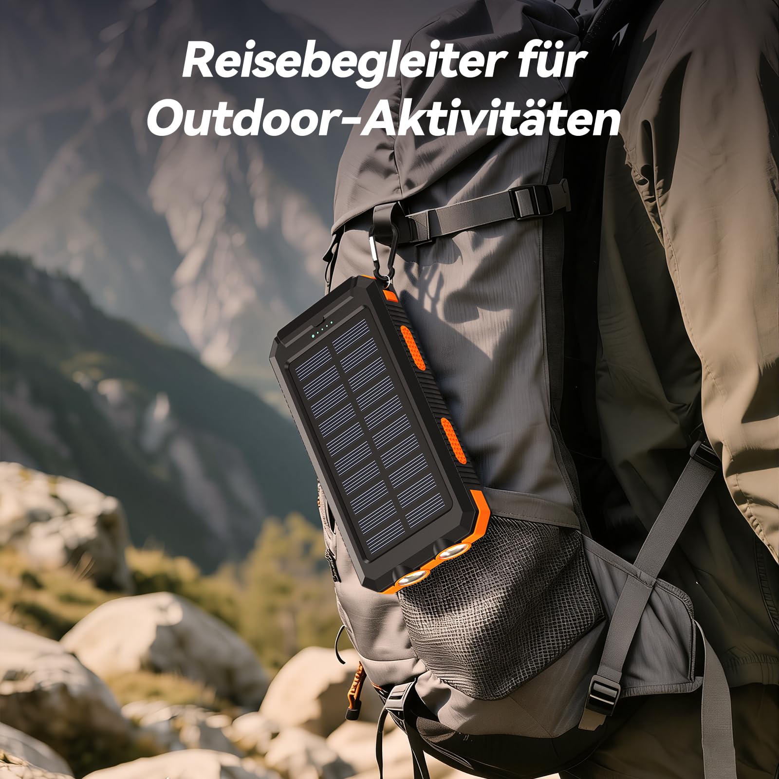 Vikeri Solar Powerbank 26800mAh, Powerbank Solar Wasserdichtes USB C Externer Akku mit 4 Outputs, Power Bank für Smartphones, Tablets und mehr (Dunkelorange)