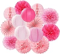 Vista 20 de Serpentinas de Decoraciones de Fiesta Arcoíris Pastel - 14 piezas Suministros de Cumpleaños para Niños y Niñas, Abanicos de Linternas de Papel Rosa