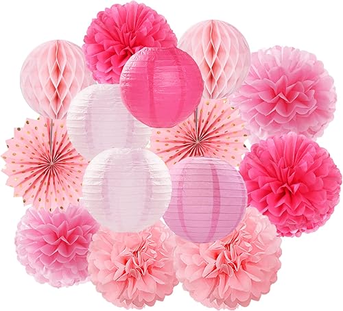 Serpentinas de decoración de fiesta de color rosa intenso  14 linternas de papel para baby shower de cumpleaños de niña, pompones de tejido, bolas