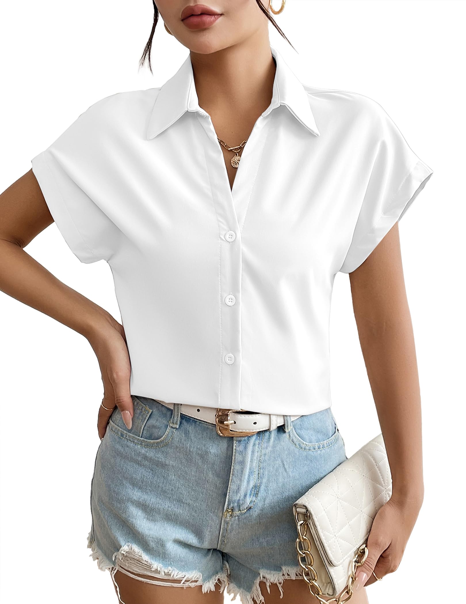Weardear Blusa de manga corta para mujer, informal, cuello en V, trabajo, oficina, botones