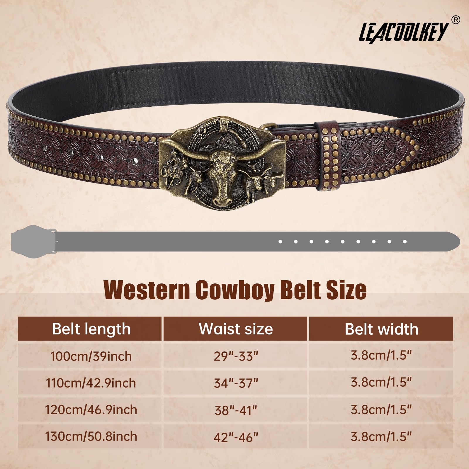 LEACOOLKEY Western Cowboy skórzany pasek dla mężczyzn i kobiet, kowbojka, western, kraj, męski pasek z klamrą, pasek do dżinsów, spodni