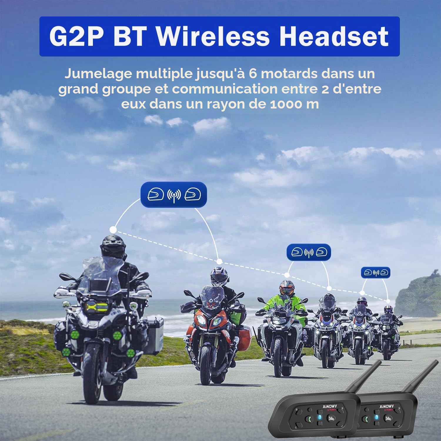 Casque de Moto Intercom V6 Bluetooth Intercom 1200m 6 Riders Communication Mains Libres avec Antibruit Oreillette Microphones pour Moto/Vélo/VTT(2 Pack)