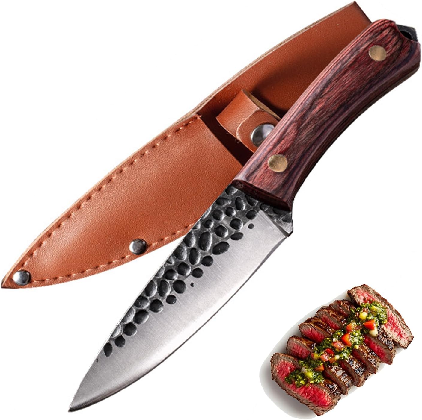 Small Chef Knife Japanese 4 Inch Steak Knife Handmade Forged High Carbon Steel Kitchen Cook Knives Full Tang Paring Knife with Sheath and Wooden Handle for Home and Outdoor Cooking