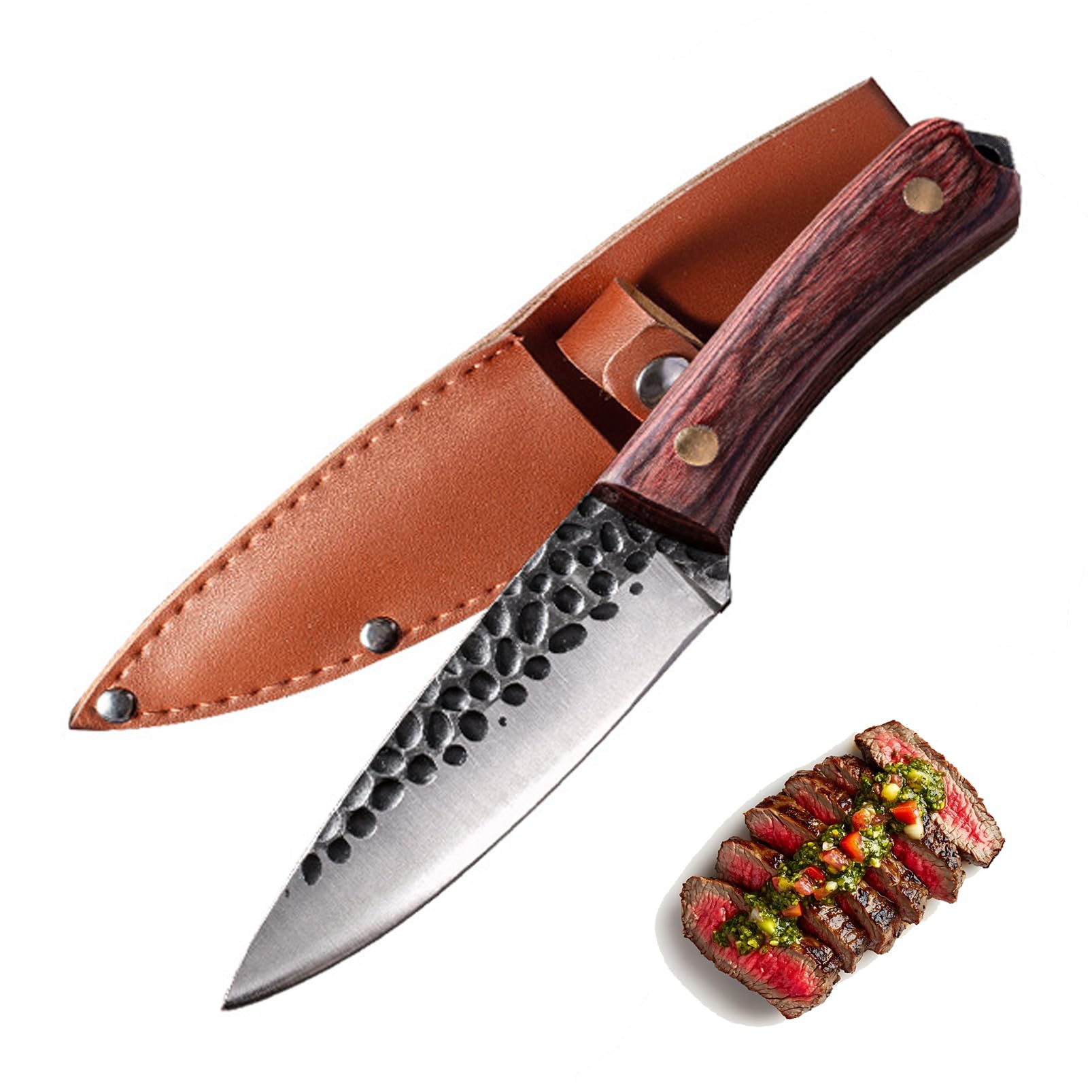 Small Chef Knife Japanese 4 Inch Steak Knife Handmade Forged High Carbon Steel Kitchen Cook Knives Full Tang Paring Knife with Sheath and Wooden Handle for Home and Outdoor Cooking