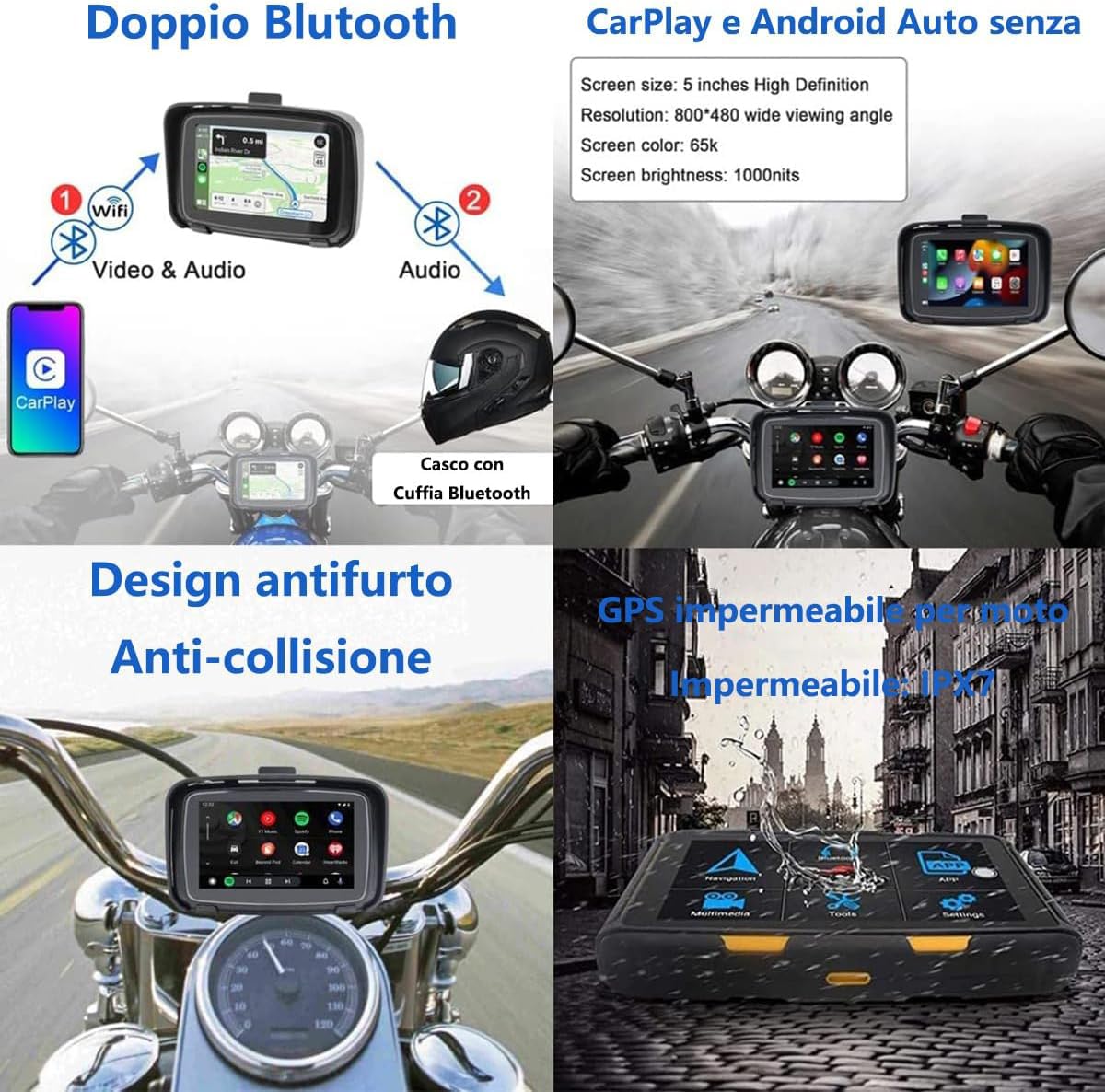 Navigatore GPS Per Moto, Carplay Wireless Touch Screen Da 5 Pollici, IPX7 Impermeabile, Connessione BT, WIFI 4G USB Plug And Play, Posizionamento Preciso, Mappa In Tempo Reale