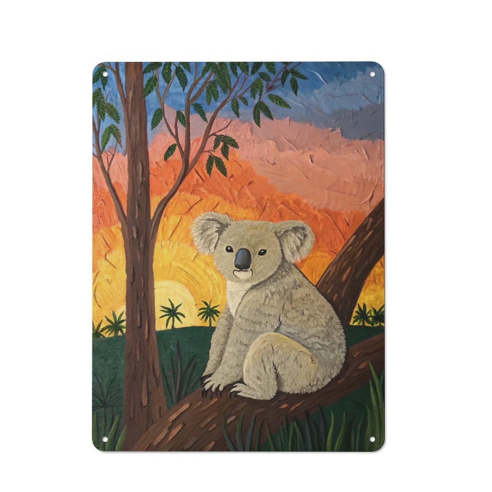 Metal Gift Sign with Koala in A Sunset Landscape Design 40x30cm, Character Room Wall Plaque for Flat, Dorm Room, Lounge Or Cafe