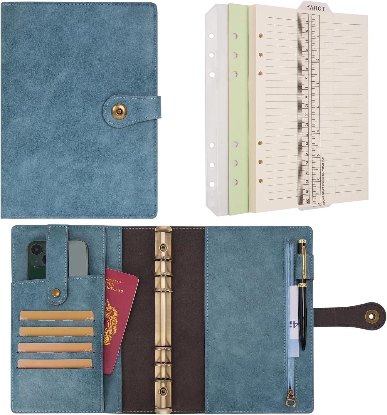 WONDERPOOL A5 Binder Journal Leather Spiral Notebook Refillable College Ruled Paper, Budget Binder Rings Diary Organizer with Pen for Office School Travel Business Planning Writing (Light blue, A5)