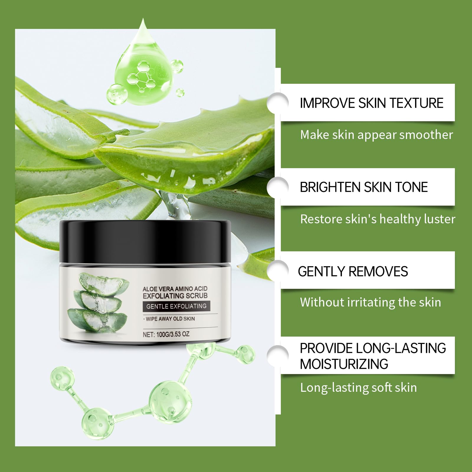 Scrub esfoliante all'aloe vera e aminoacidi, peeling delicato per viso e corpo per collo e spalle, illuminante e restringente, migliora la pelle secca e ruvida. Esfoliante viso quotidiano. (6 pezzi)