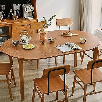 Modern Oval Rubberwood Dining Table, Expanding Round to Oval Design for 2-8 People, Mid-Century Solid Wood Kitchen Table, Creative Extendable Dining Furniture.