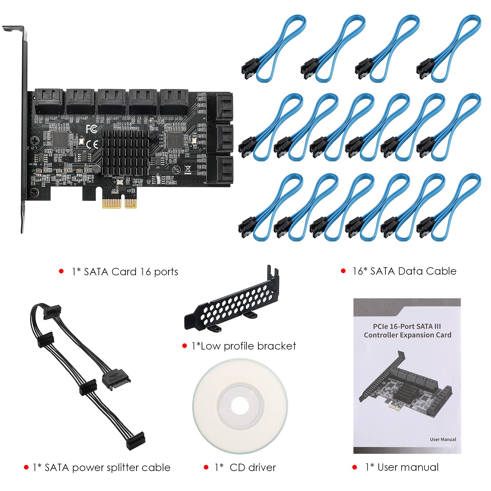 Tarjeta PCIE SATA de 16 puertos, tarjeta PCIe SATA 3.0 de 6 Gbit/s, tarjeta de expansión de controlador PCIe a SATA, arranque como disco duro del sistema, adecuada para todas las ranuras PCIE
