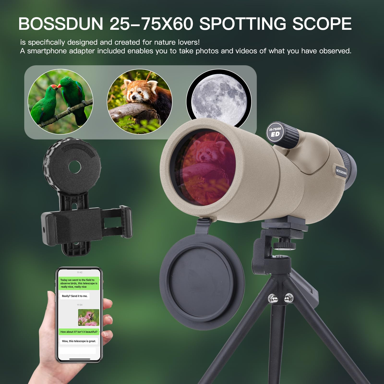 Cannocchiale, cannocchiale da caccia per il tiro al bersaglio, telescopio impermeabile con treppiede con prisma BAK4, adattatore per telefono, borsa per il trasporto (60H)