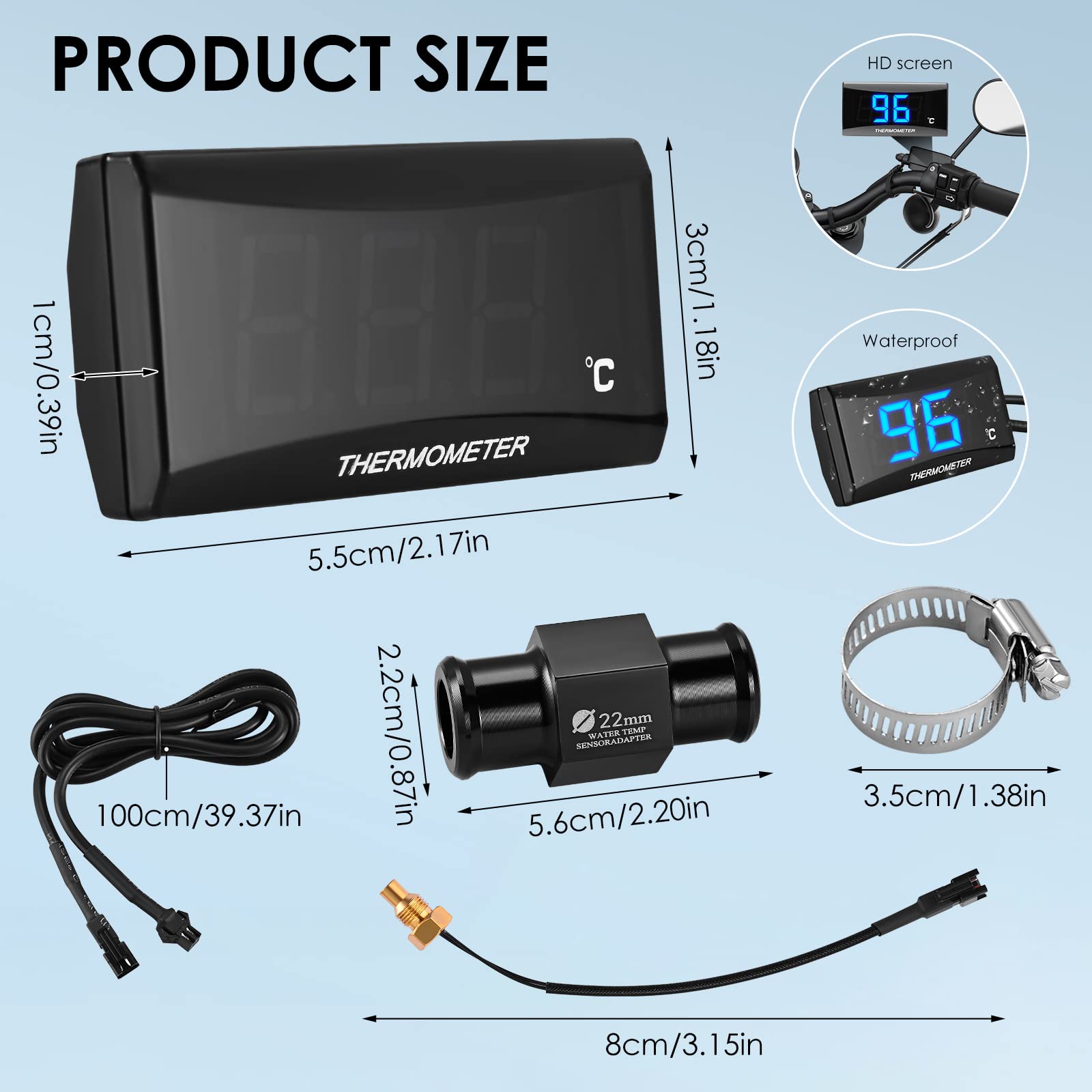 Thermomètre Numérique Universel pour Moto avec 18/22mm Adapter, affichage numérique capteur de température, LED Adaptateur Capteur de Température de Sonde en Métal Étanche pour KOSO (22MM-BLUE)