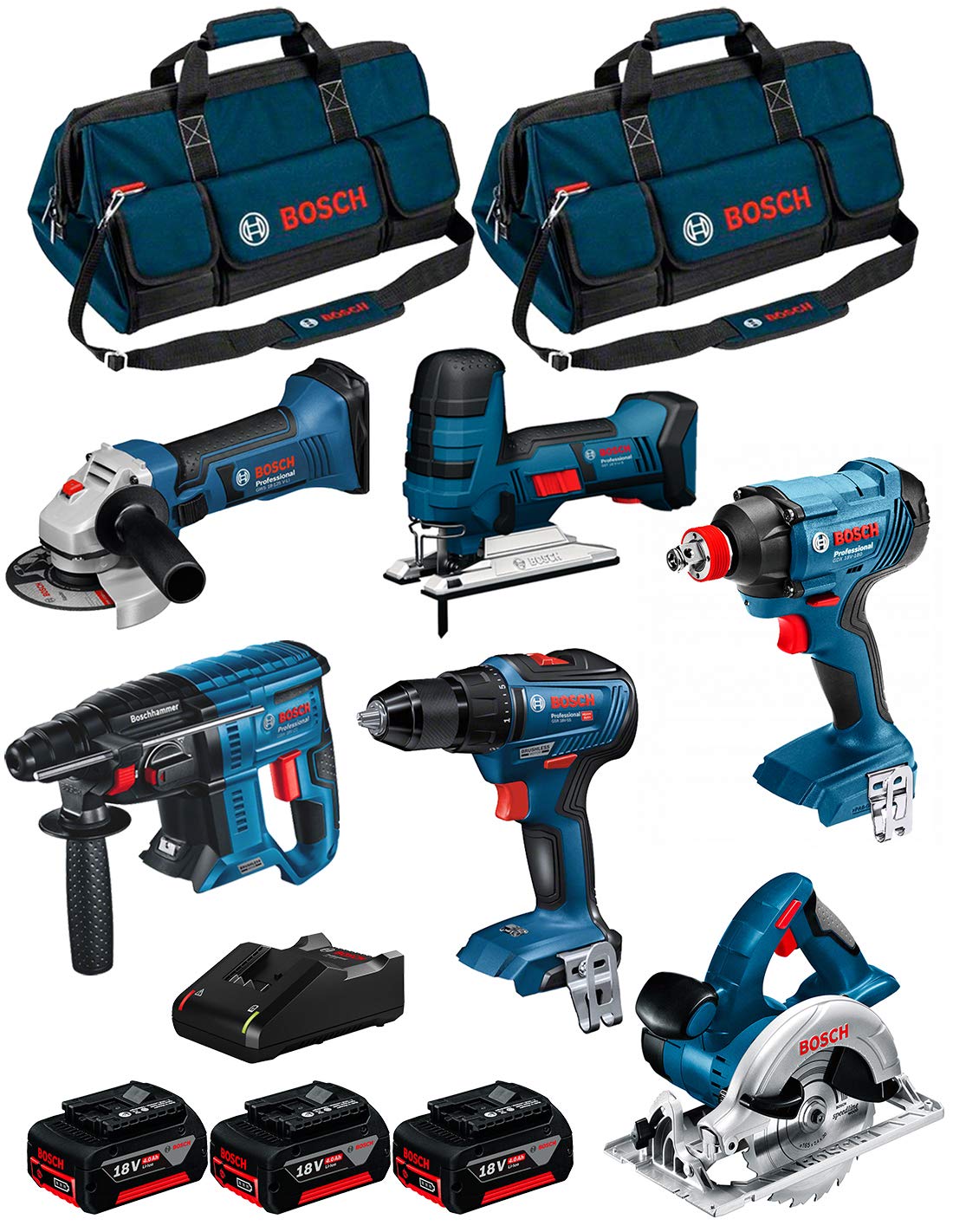 BOSCH Kit 18V BK601BAG (GDX 18V-180 + GSR 18V-55 + GKS 18 V-LI + GST 18 V-LI S + GBH 18V-21 + GWS 18-125 V-LI + 3 Batterien 4,0 Ah + Ladegerät + 2 Taschen)