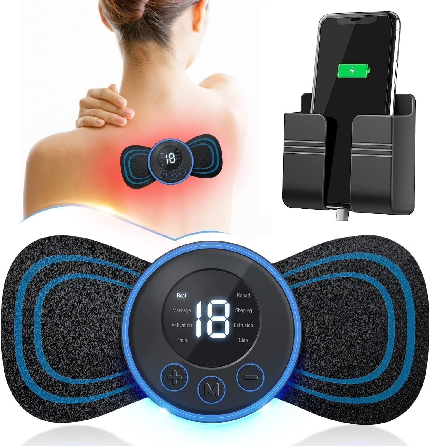 Mini Butterfly TENS Massager with 8 Modes, 19 Levels Electric Rechargeable Portable EMS Patch for Shoulder, Neck, Arms, Legs, Neck, Men/Women[Free Mobile Stand]-image-13