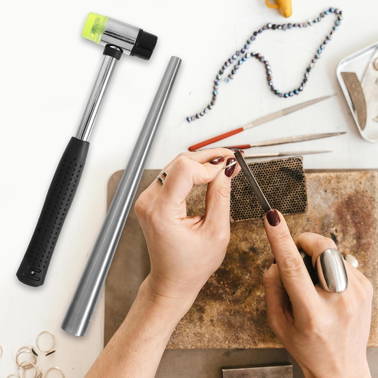 STOBAZA Ring Mandrel Sizer with Plastic Hammer Mallet Stainless Steel Jewelry Repair Tool for Ring Resizing and Shaping for Jewelers and Crafting
