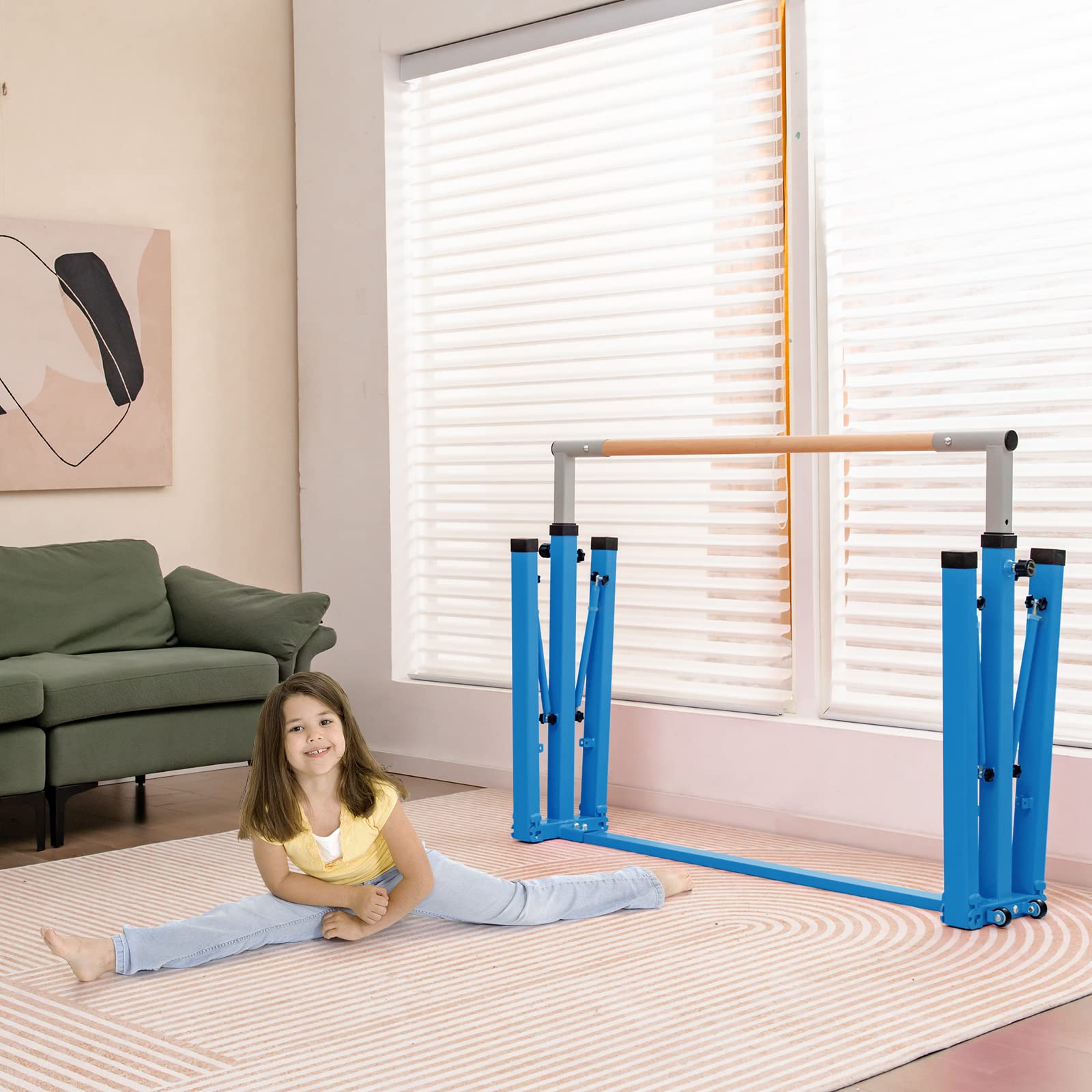 COSTWAY Barra per Ginnastica e Danza per Bambini Pieghevole Portatile, Sbarra Parallela in Metallo e Legno con 13 Altezze Regolabili, Portata 100 kg