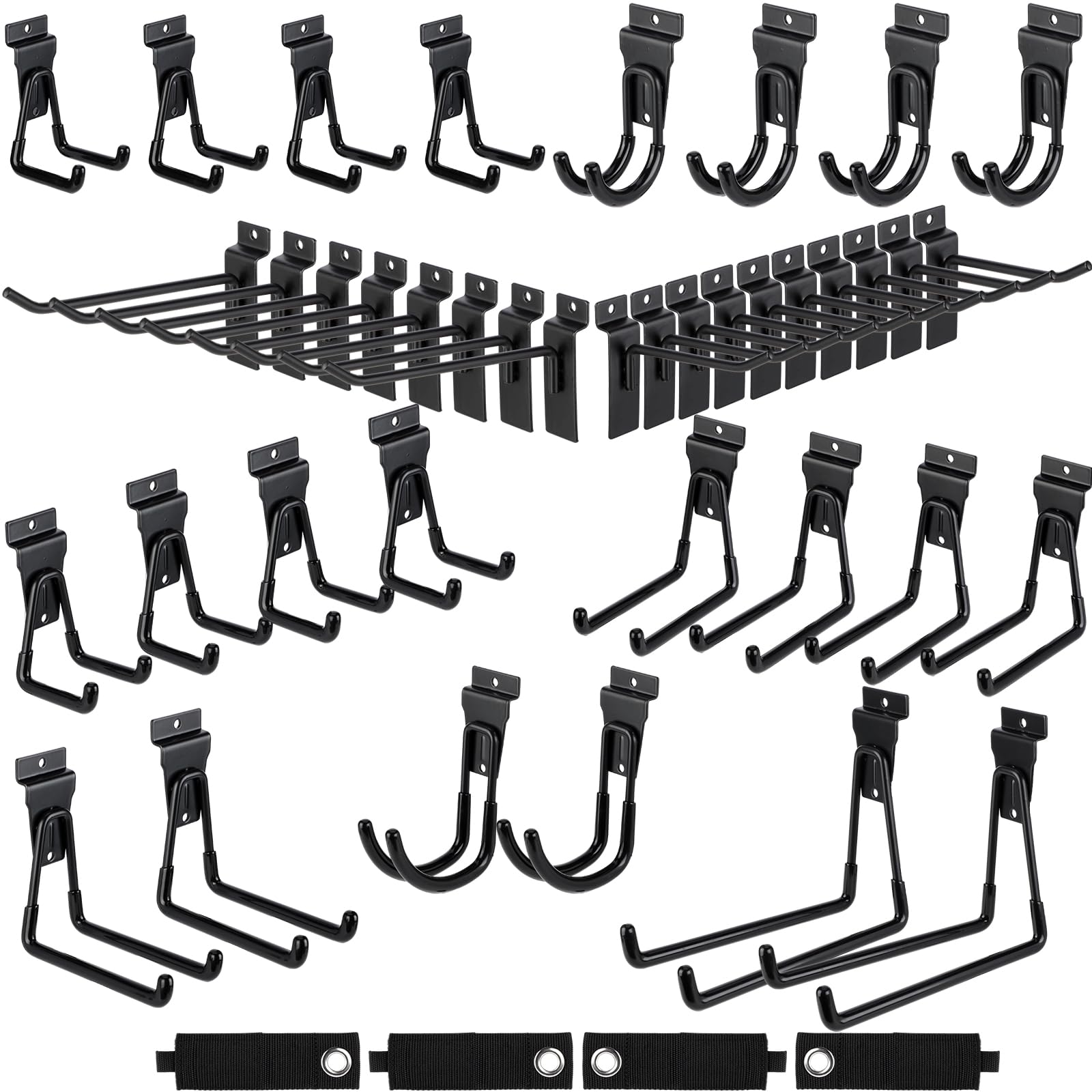 Landhoow 36 Pcs Slatwall Hooks & Hangers 32 Pcs Heavy Duty Slat Wall Hanging Hooks with 4 Pcs Storage Straps Assortment Slatwall Accessories for Storage Garage Wall Organization Garden Home, Black