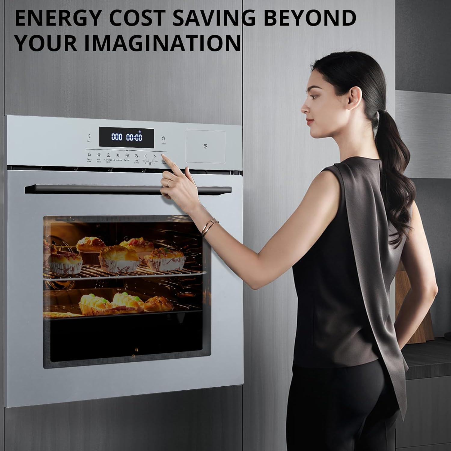 Woman interacting with the GarveeTech oven's touch control panel