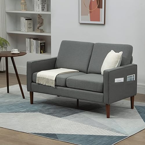 X-VOLSPORT Moderno sofá biplaza para sala de estar sofá tapizado de tela de lino con patas anchas de madera para sala de estar y oficina gris