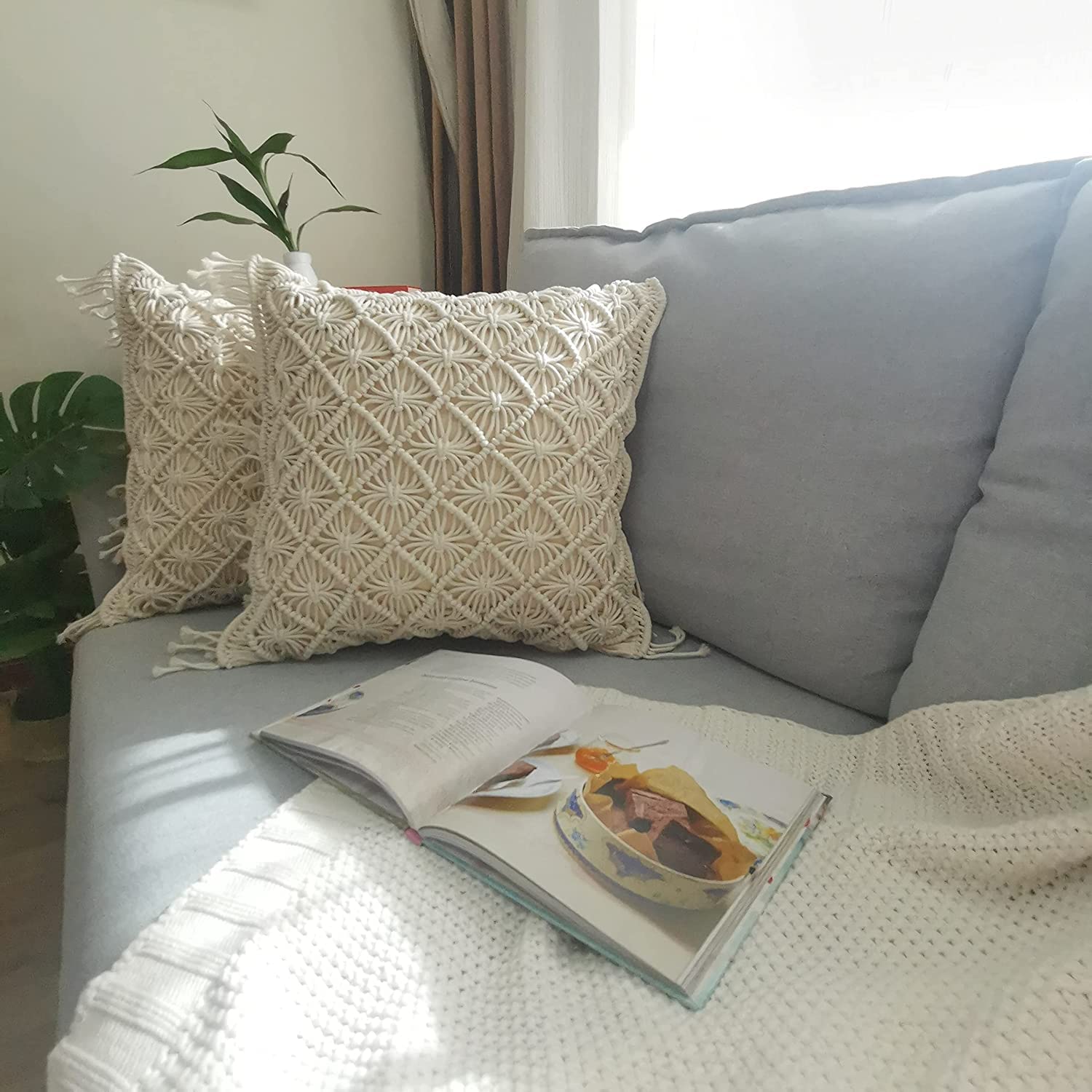 Textile and Beyond Boho Home Handmade Decor Macrame Tassel Cover Throw Knit Cushion Pillows Covers Case Square Set of 2 Decorative Items for Bedroom Living Room Sofa Couch Bench Car 16X16Inches 027 (B0BBV8CXQN) Amazon Price History, Amazon Price Tracker