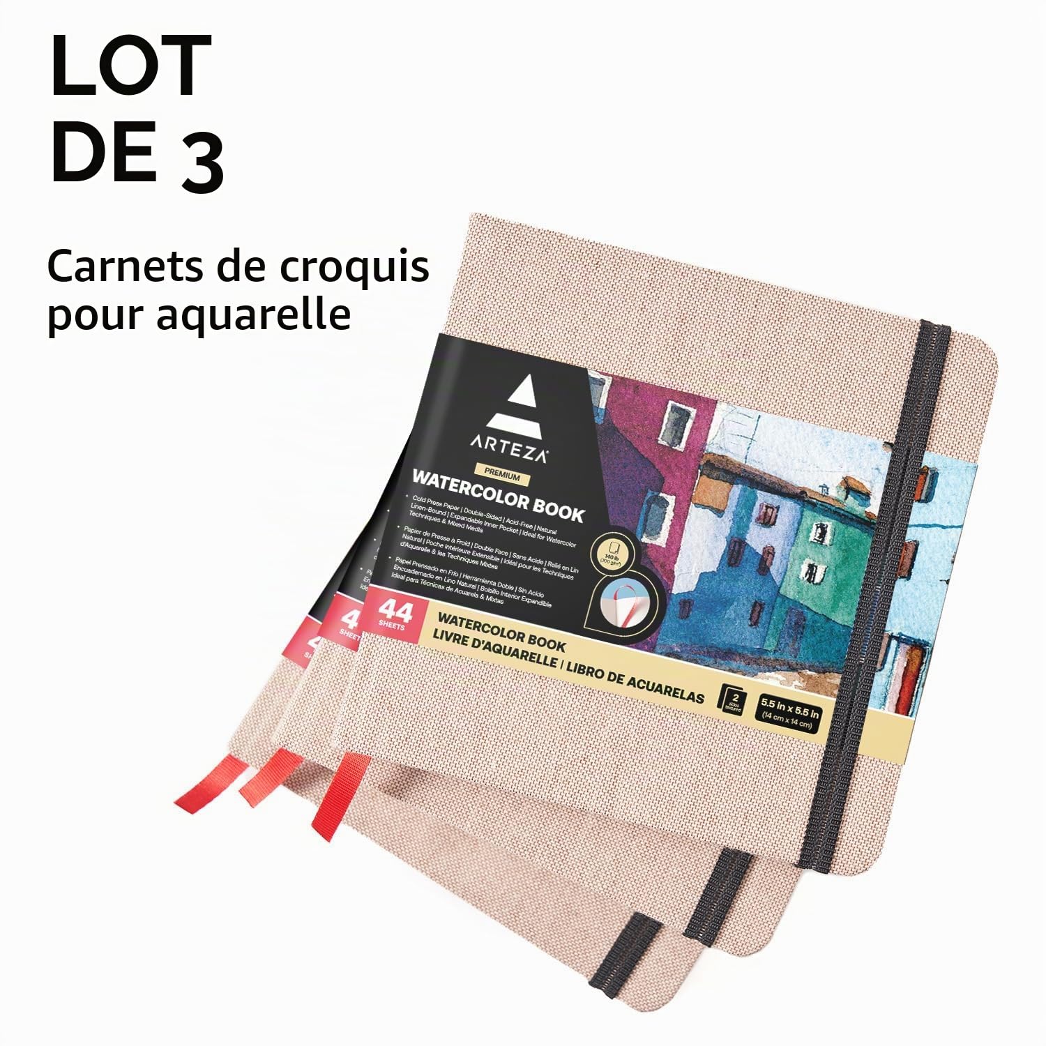 Cahiers d'Aquarelle Arteza Beige, 5,5 x 5,5 pouces, 3 Packs, 88 Feuiles, Livre Relié de 110 lb, Carnet de Croquis d'Aquarelle à Utiliser comme Carnet de Voyage et Bloc-Notes de Techniques Mixtes