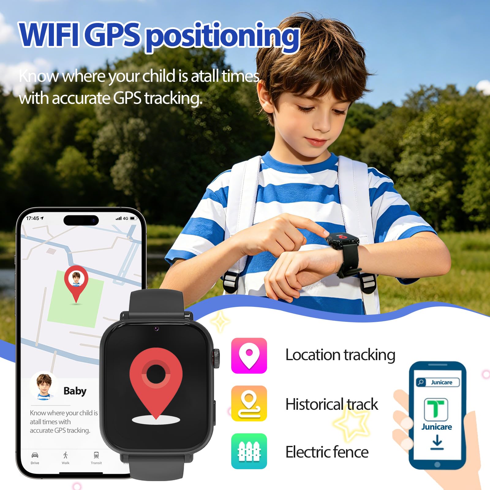 Reloj Inteligente Niño, Reloj GPS Niños con Localizador y Llamadas, Negro | 4G Smartwatch Niños WIFI/Recibir SMS/SOS Chat de Voz, Modo Clase Juegos Cámara, Regalo para Niñas niños 4-12 años Regalo