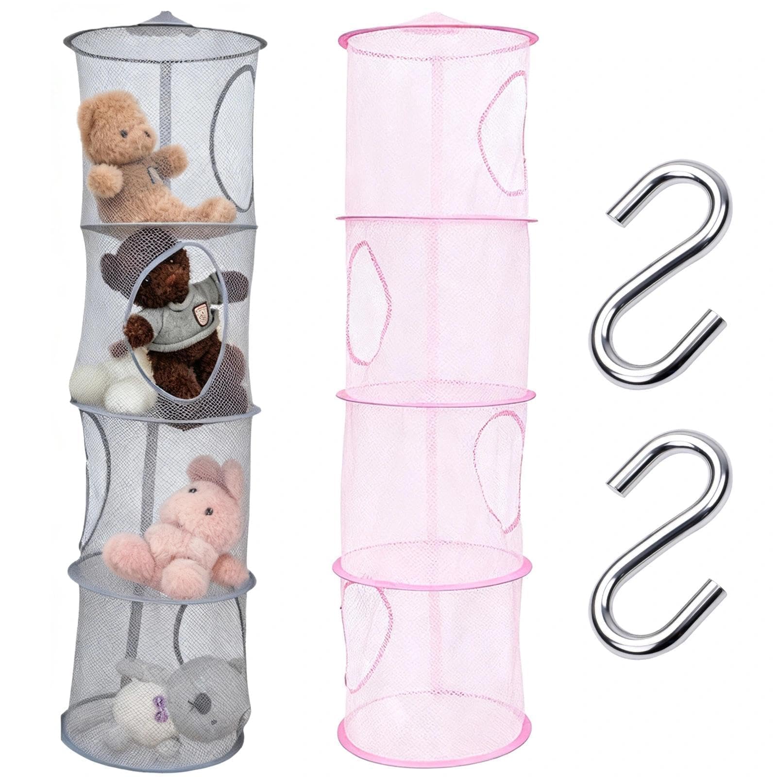 Kuscheltiere Aufbewahrung, 2 Stück Hängeaufbewahrung, Aufbewahrung Kuscheltiere, mit 2 Stück S-Haken, Kuscheltier Netz, Hängeregal, Hänge Organizer für Spielzeug, Kleine Kleidung(Grau, Rosa)