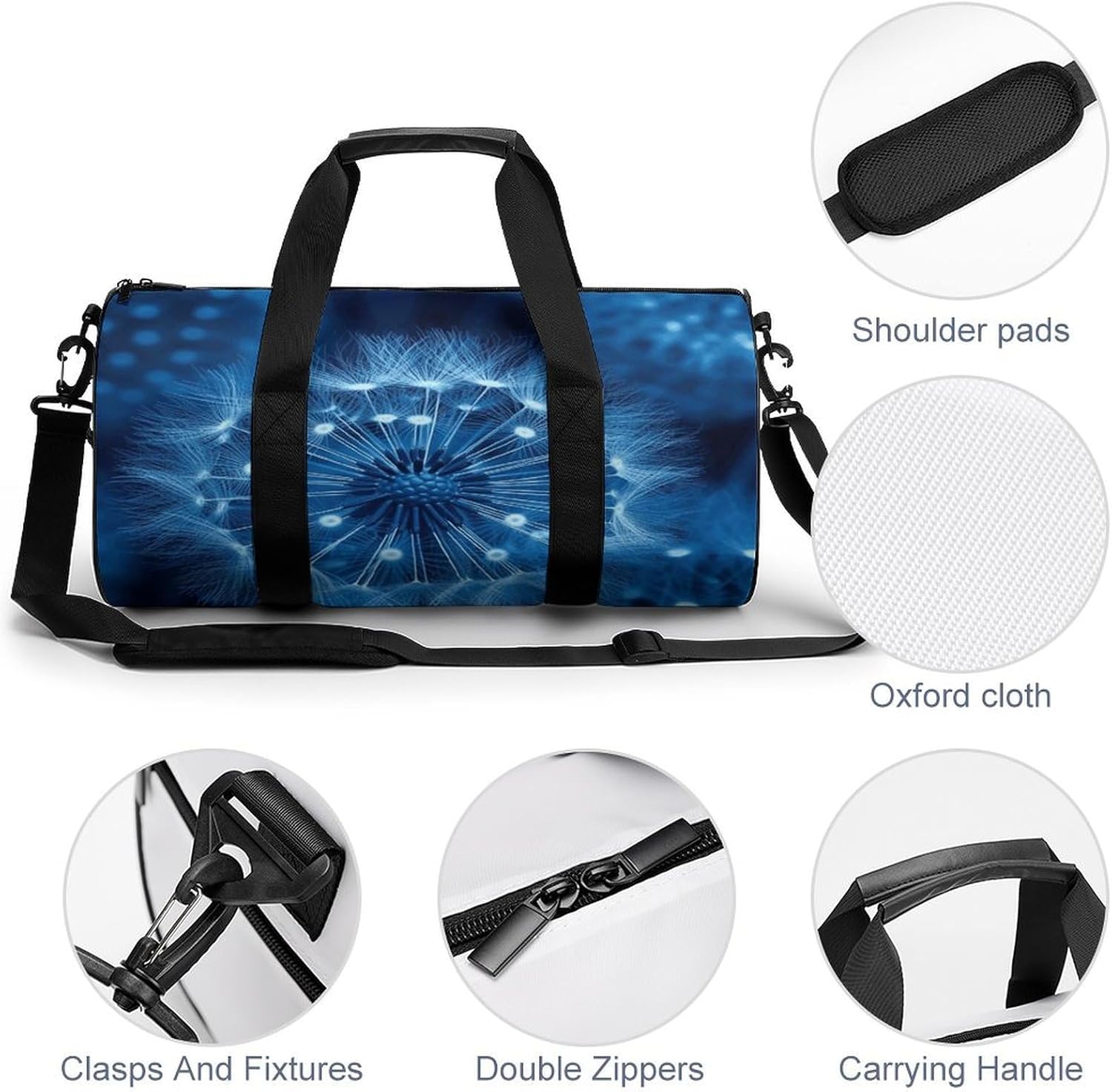 Aesthetic Sports Bag for Women Blue Dandelion Printed Duffle Travel Bag for Men Women Mini Workout Bags Cylindrical Gym Bag