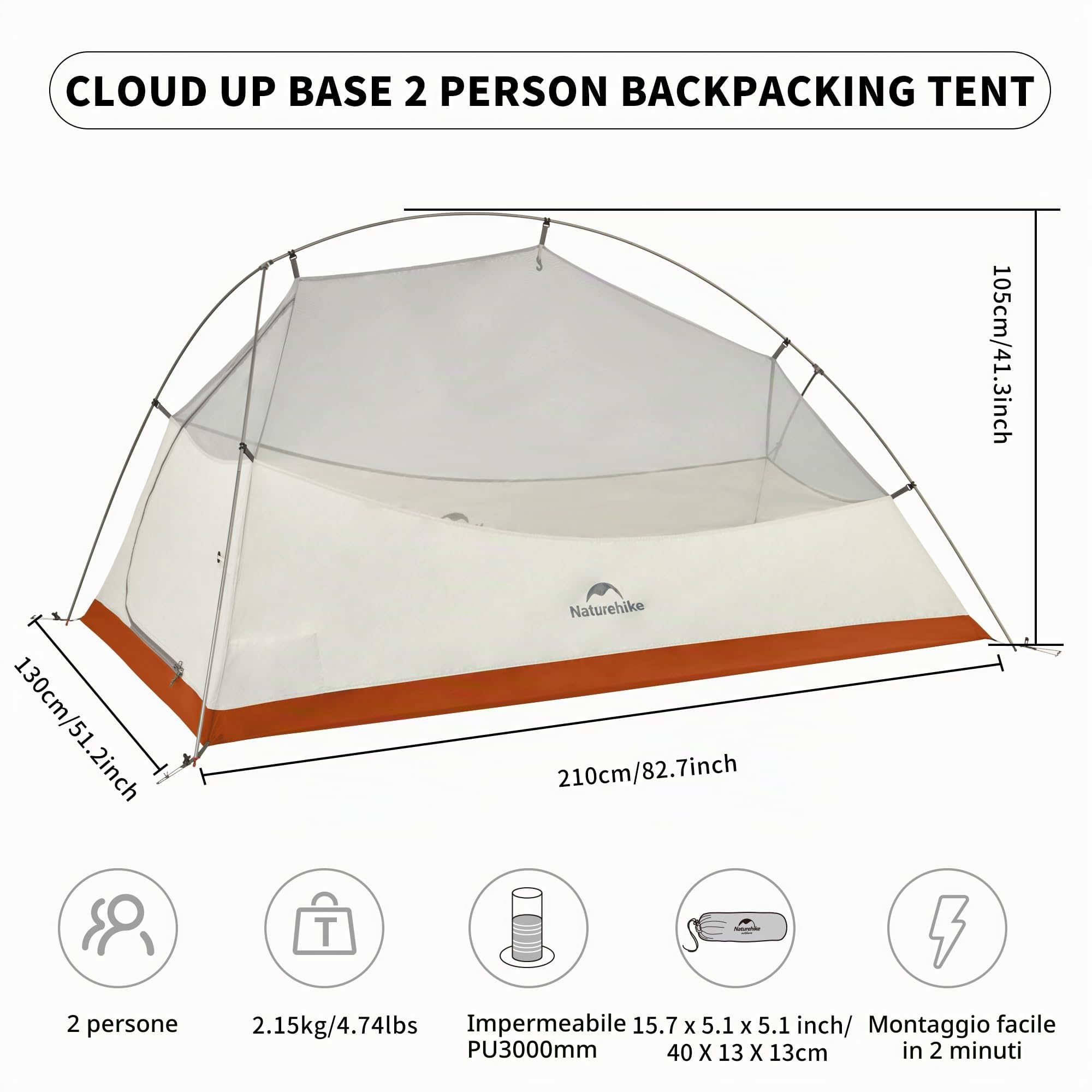 Naturehike Cloud Up Base - Tenda da campeggio impermeabile leggera per 2 persone per il campeggio, tenda da campeggio a doppio strato per due persone con impronta (Cloud Up Pro (arancione - poliestere