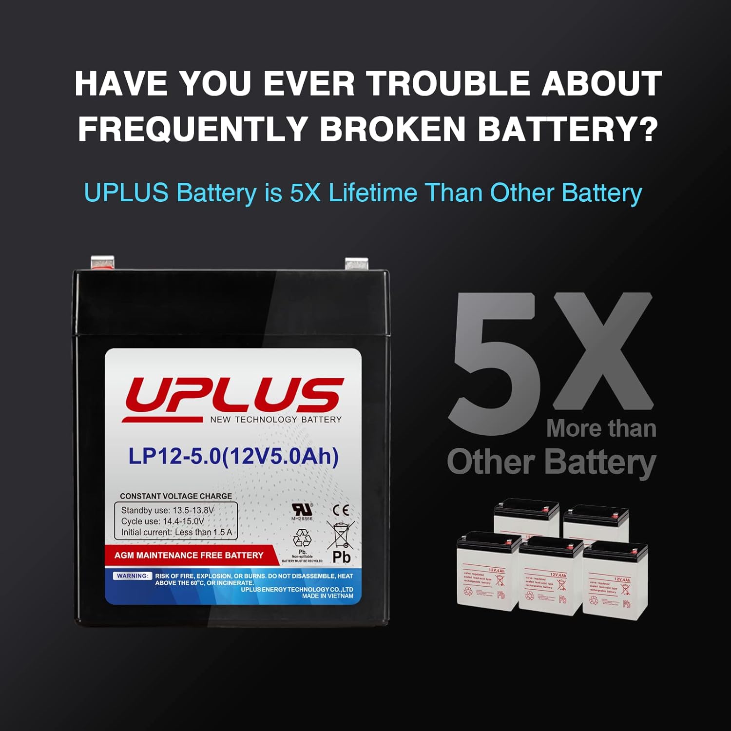 UPLUS LP12-5.0 12V 5Ah Rechargeable AGM Battery SLA Replacement for DJW12-4.5 Batteries Backup for LiftMaster/Craftsman 4228 Garage Door Opener, Security Alarm System etc.