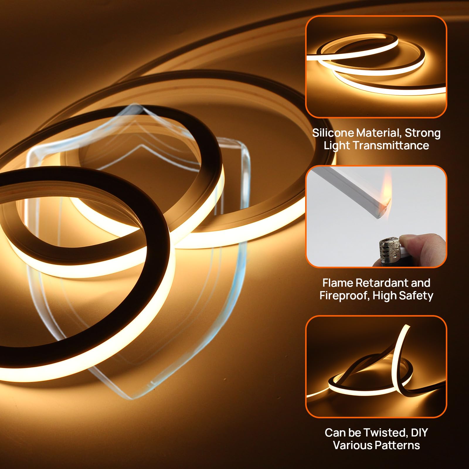 Neon LED Streifen 5m Silikon Wasserdicht IP65 LED Strip Warmweiss 3000K 10mm 230V Flexibler DIY Lichtband mit Netzteil